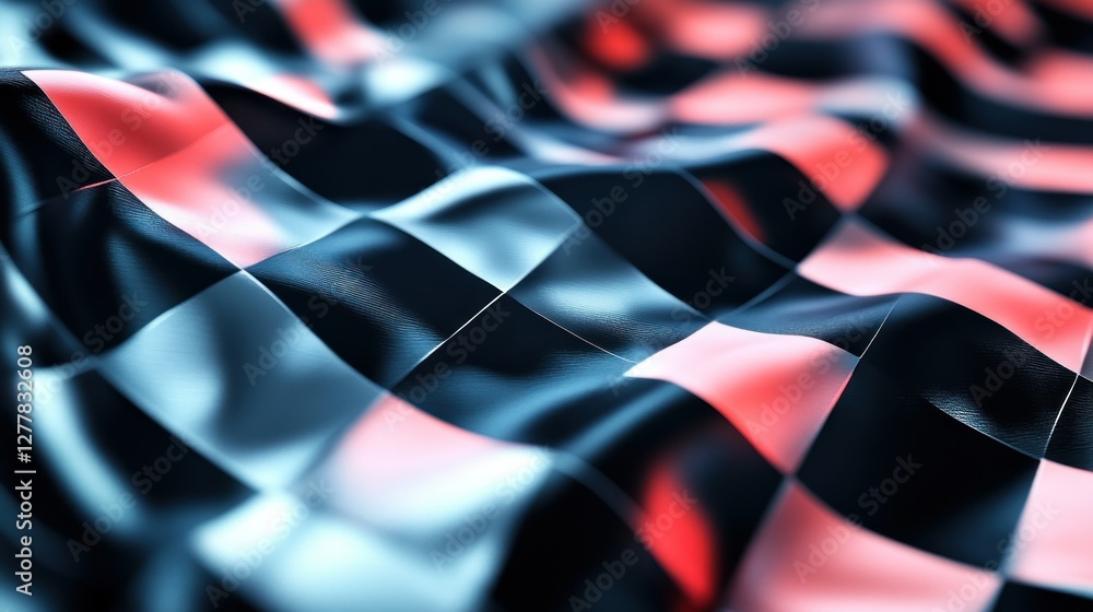 Poster abstract close-up of a flowing checkered fabric in red and black tones, creating a dynamic visual ef