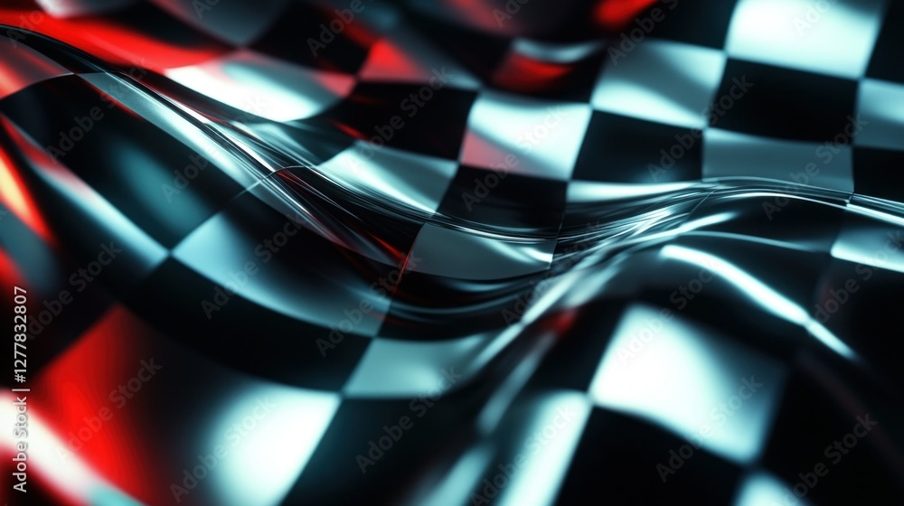 Poster abstract close-up of flowing checkered fabric with light reflections, creating dynamic patterns
