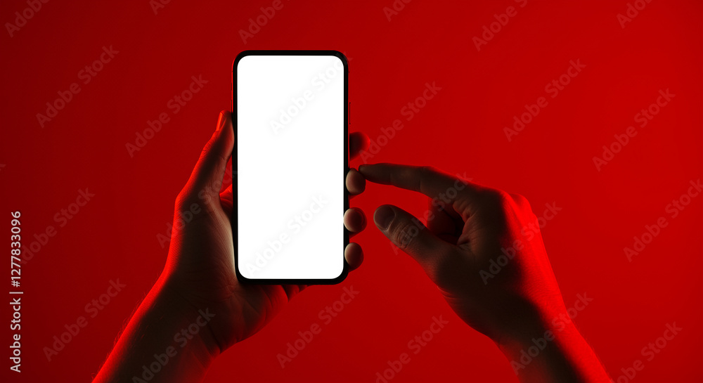 Poster smartphone in hand mockup on red background. mobile phone held in hand for application presentation.