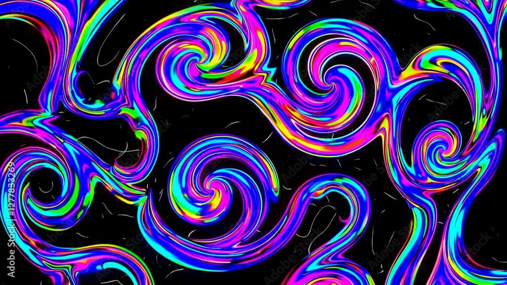 Poster colorful vibrant neon swirls in abstract pattern on black background, digital art. creative design a
