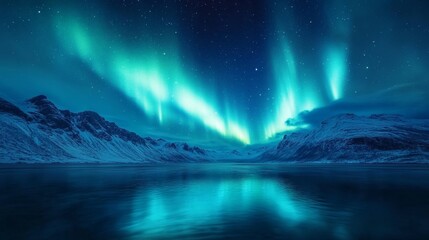 Naklejka premium Northern Lights over lake. Aurora borealis with starry in the night sky. Fantastic Winter Epic Magical Landscape of snowy Mountains.