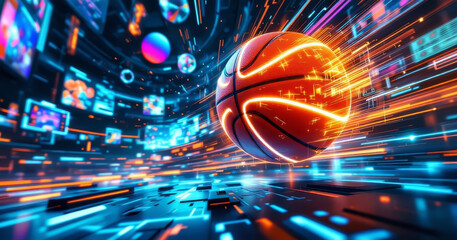 Digital basketball suspended in a futuristic technological environment