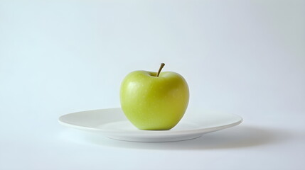 A single green apple placed on a white plate, symbolizing a simple and healthy diet. White background, clean composition with soft shadows, professional color grading, and sharp digital focus.