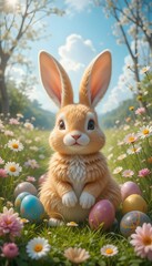 easter bunny and eggs on flower garden