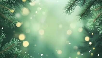 Festive pine branches frame winter bokeh background