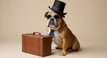 Stylish bulldog in hat with suitcase and tie on beige background