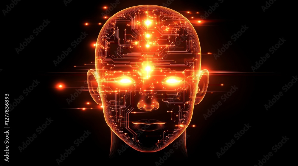 Poster digital human face with illuminated circuitry and glowing neural network