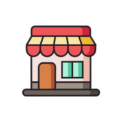Illustration of a Small Retail Shop Front, A colorful illustration of a small retail shop with a red and yellow striped awning and brown door.
