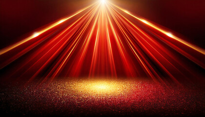 Red podium. Red stage. Spotlights.