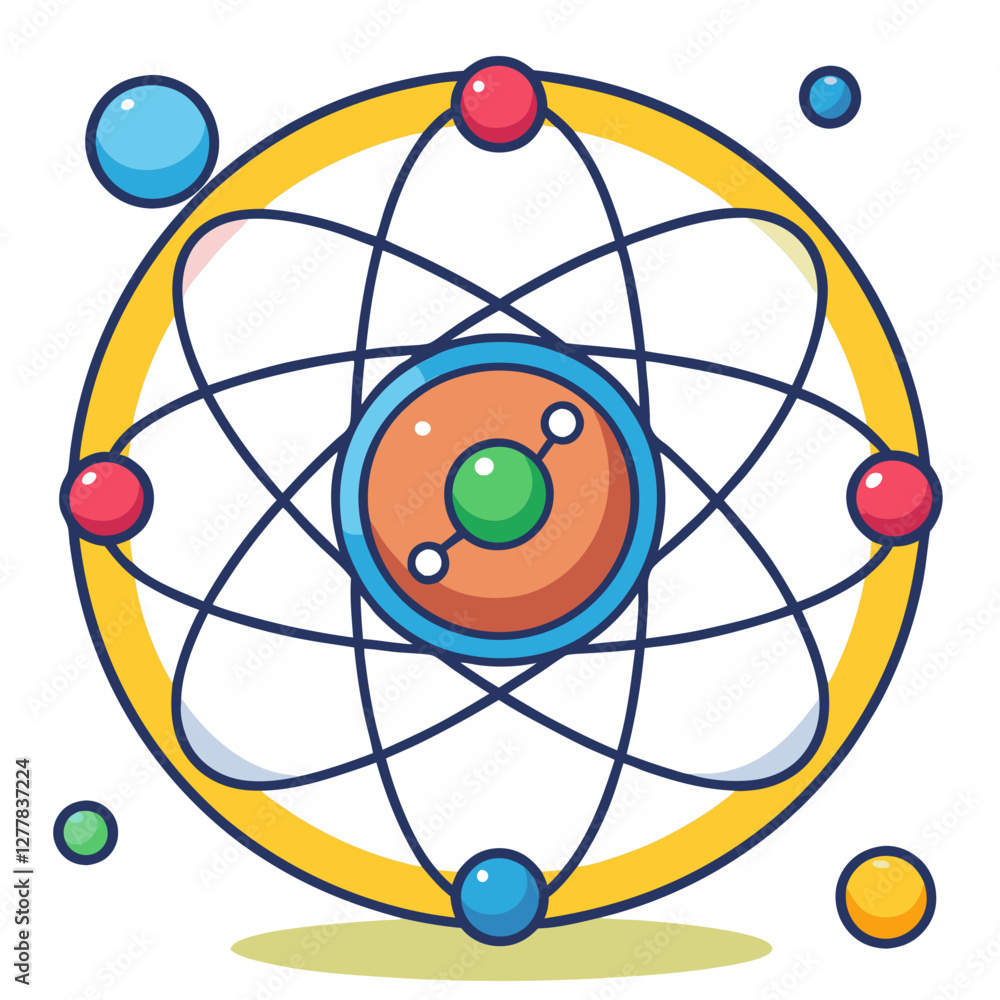 Poster colorful atomic structure with orbiting electrons, a vibrant vector design depicting an atomic struc