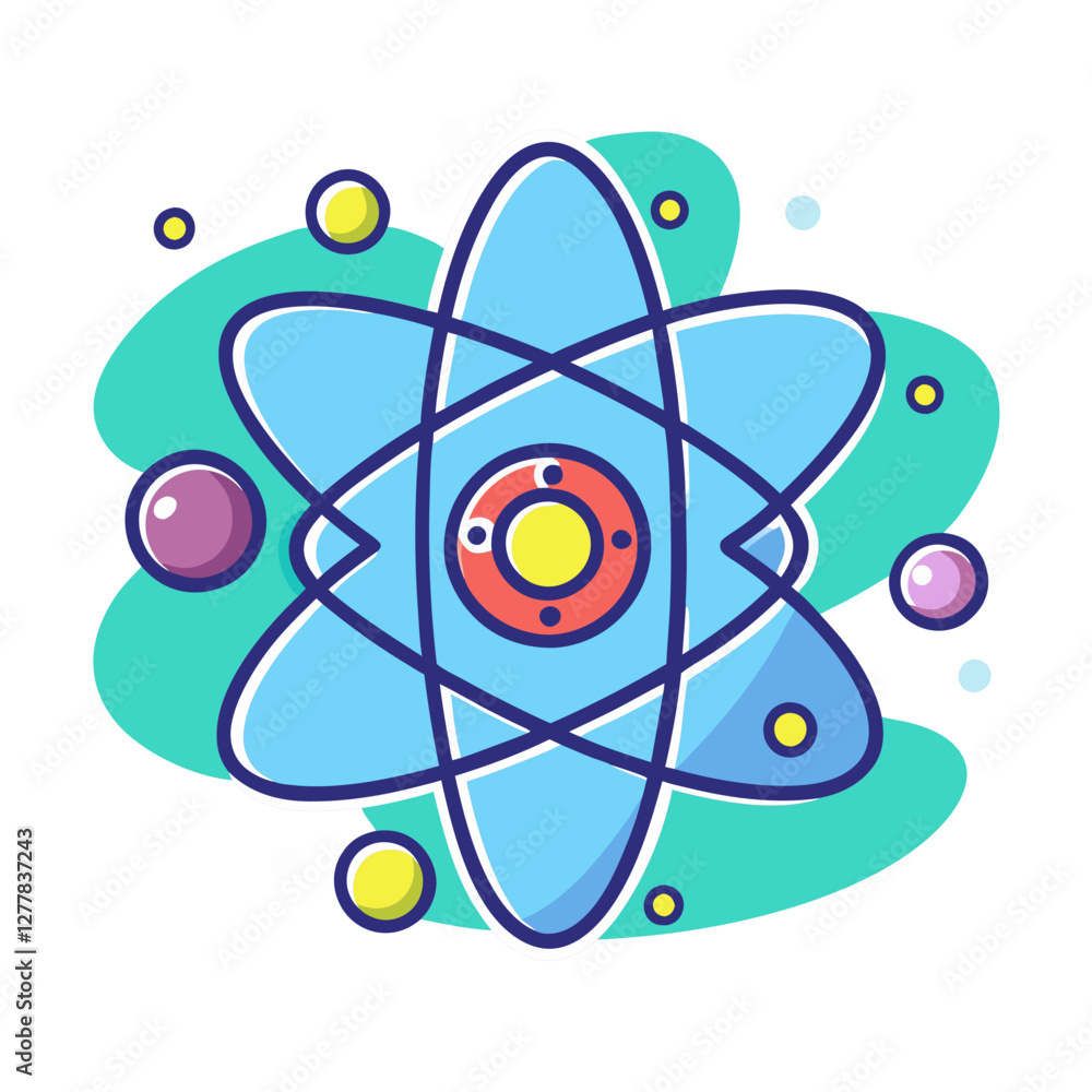 Poster vibrant atomic model with orbiting particles, a dynamic and colorful vector design of an atomic mode