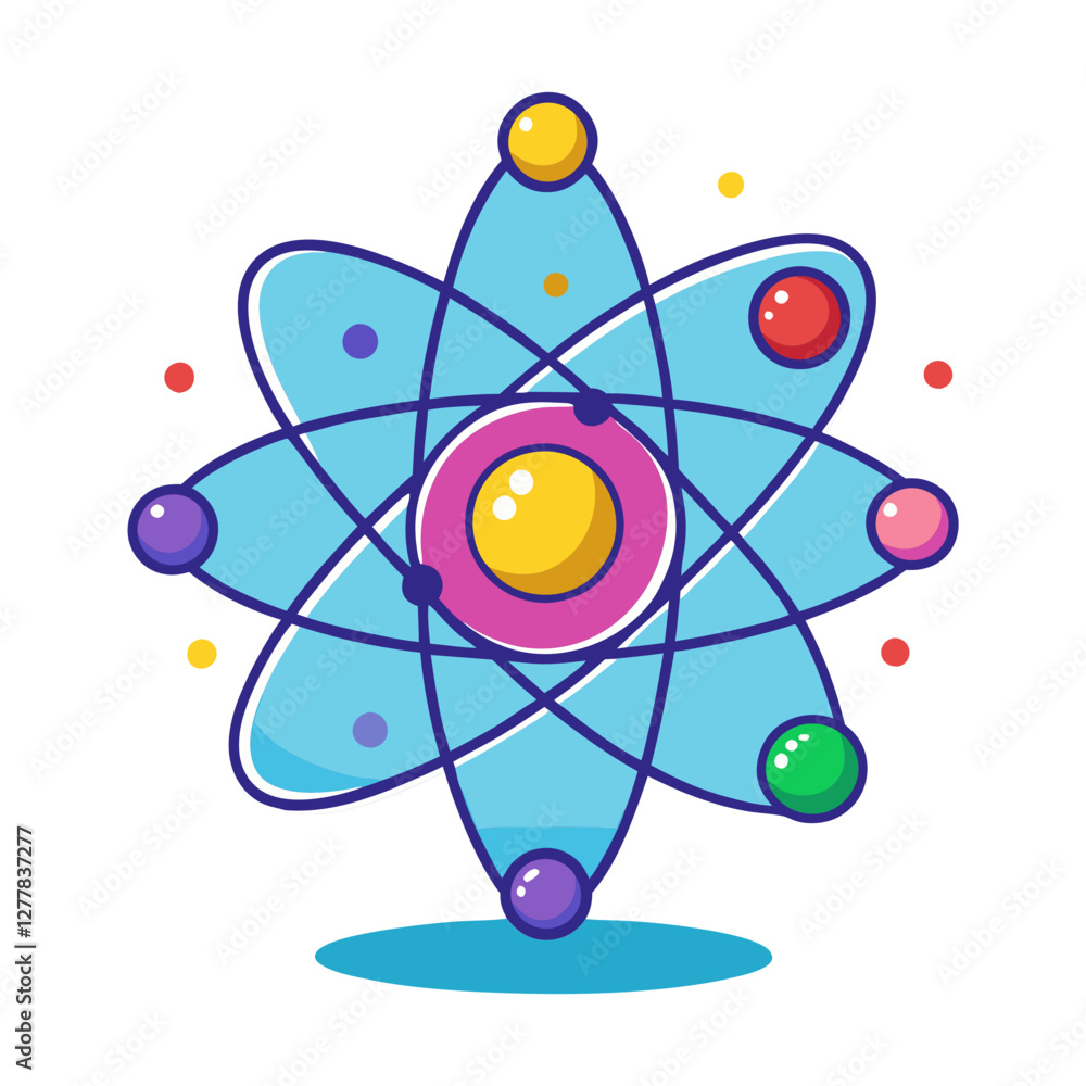 Poster colorful atomic structure with orbiting particles, a vibrant vector illustration of an atomic struct