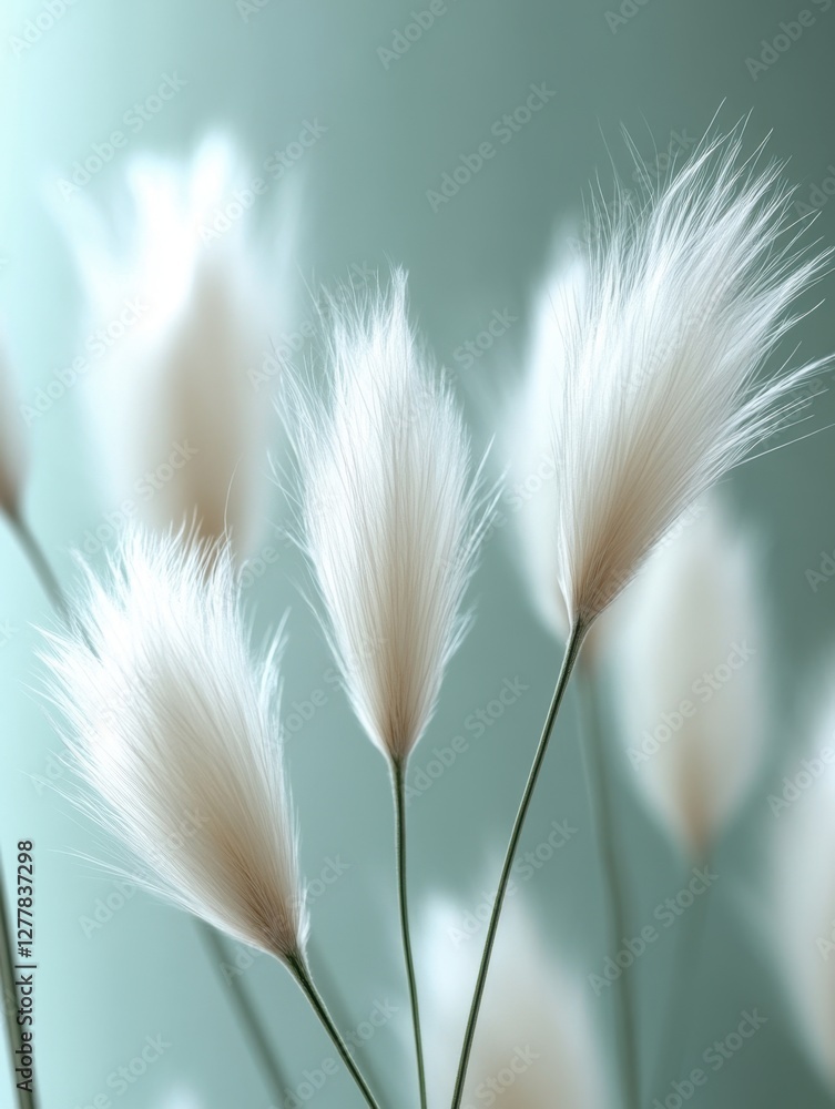 Poster serene close up of soft white ornamental grass plumes against a calming teal background creating a p