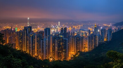 Obraz premium Panoramic twilight cityscape view from mountaintop.