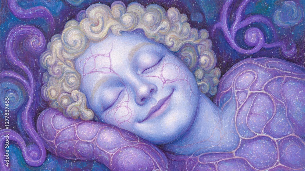 Poster serene close-up of a dreamy face with unique textures and soft curves in a tranquil overlay atmosphe