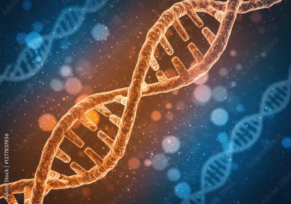 Poster glowing dna helix against a floating abstract background with bokeh effects