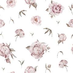 Watercolor floral seamless pattern of pink peonies. Hand painted digital paper of peony flowers, green leaves, tree branches. Digital wallpaper of botanical elements isolated on white background © 60seconds
