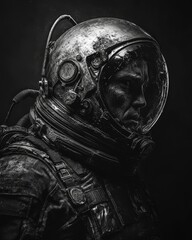 Naklejka premium Dark gritty astronaut in helmet and suit with intense expression and reflections in visor