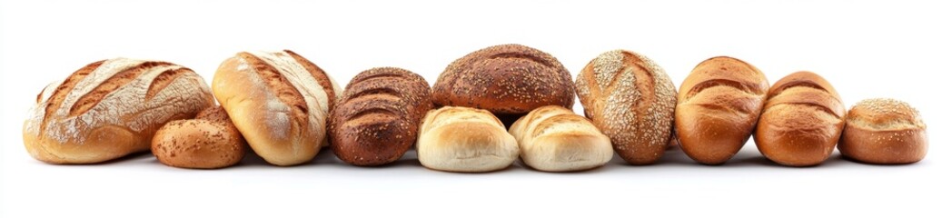 Assorted loaves & rolls studio shot, white background, bakery product image