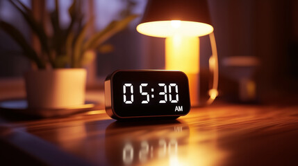 Early Morning Digital Alarm Clock Displaying 05:30 am. Modern Digital Alarm Clock On Bedside Table