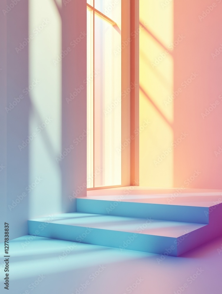 Poster abstract pastel gradient room interior with window light casting shadows on steps and walls creating