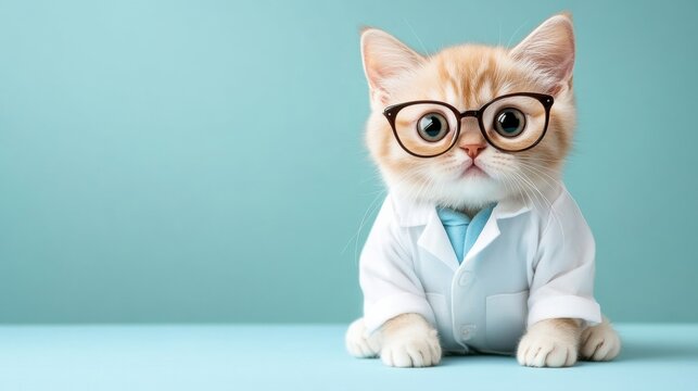 A cute kitten wearing glasses and a lab coat, representing a quirky take on animal intelligence and curiosity.