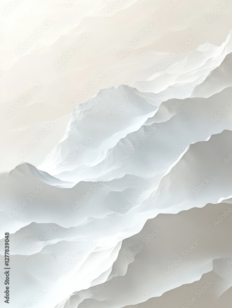 Poster ethereal mountain range in soft white tones creating a serene and calming atmosphere with a gentle l