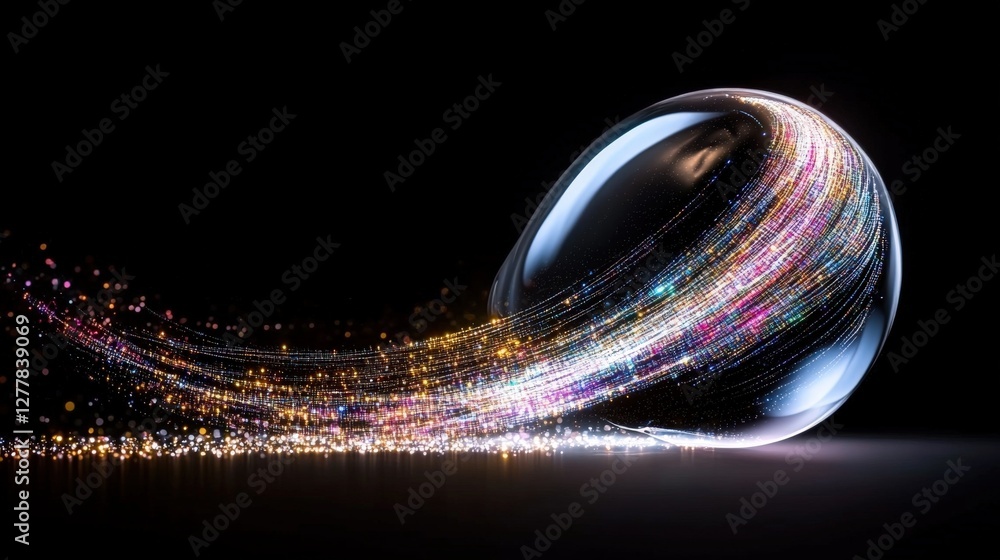 Poster conceptual representation of a brain with colorful flow of lights illustrating creativity and though