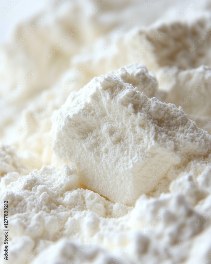 Poster close up of fine white powdered sugar texture background with soft light and shallow depth of field