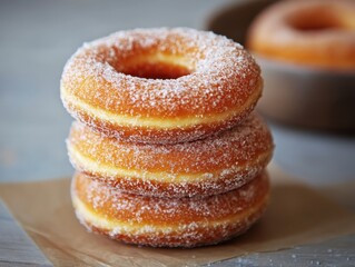 Stack of Three Delicious Sugar Coated Donuts on Craft Paper Background with Another Donut in the Background