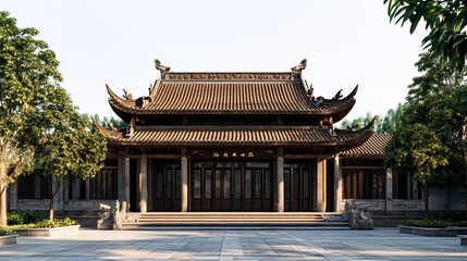 Fototapeta premium Traditional Asian temple with intricate wooden architecture.
