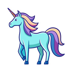 Cartoon Unicorn with Colorful Pastel Mane and Tail, A vector illustration of a cute cartoon unicorn with a pastel-colored mane and tail, and a horn, perfect for children's art and fantasy designs.
