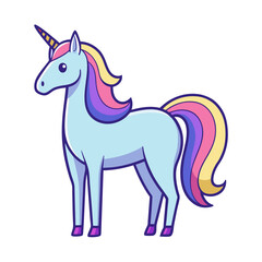 Cartoon Unicorn with Colorful Pastel Mane and Tail, A vector illustration of a cartoon unicorn with a colorful pastel mane, tail, and horn, perfect for children's designs and fantasy themes.
