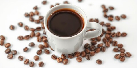Obraz premium White porcelain cup filled with roasted coffee beans on a white background with empty space for text or design, espresso, ceramic