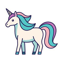 Cute Cartoon Unicorn with Pastel Mane and Tail, A vector illustration of a cute cartoon unicorn with a pastel-colored mane, tail, and horn, ideal for children's art and fantasy themes.
