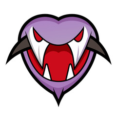 Cartoon Vampire Face Vector with Sharp Fangs, A spooky and bold vector illustration of a cartoon vampire face with sharp fangs, red eyes, and a purple heart-shaped design, ideal for Halloween.
