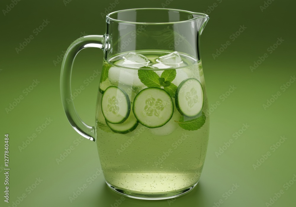 Poster Refreshing cucumber lemonade in glass pitcher with ice and mint on green background