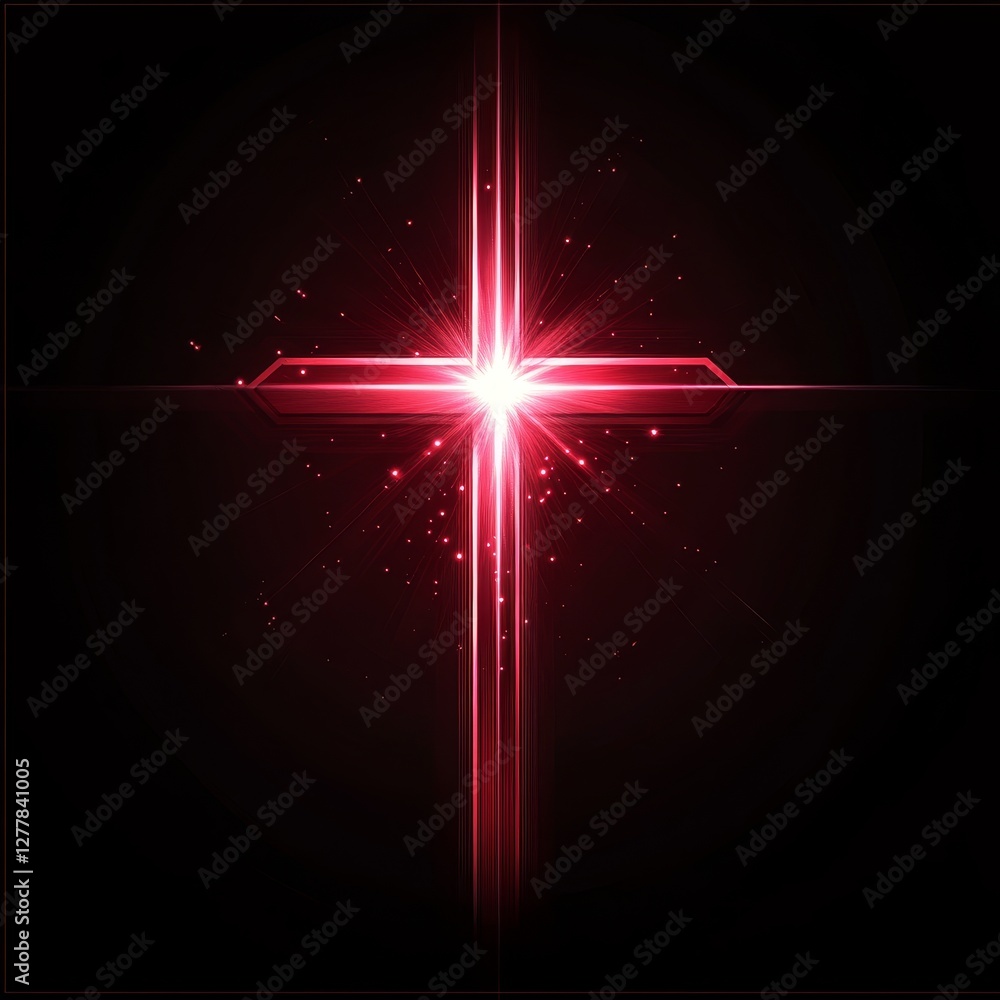 Poster glowing red cross with light rays and sparkling particles on black background