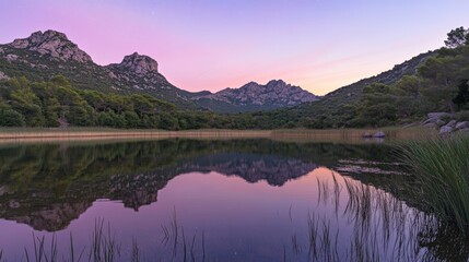 Ripples on a mirror calm lac de Codole in the Balagne region of Corsica at dawn with a pink and purple star filled sky