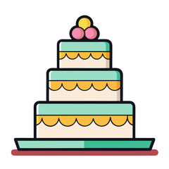 Colorful Wedding Cake Vector with Yellow and Pink Layers, A bright vector illustration of a three-tier wedding cake with yellow, pink, and white layers, perfect for wedding designs.
