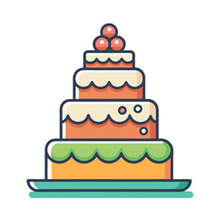 Stylish Wedding Cake Vector with Orange and Green Layers, A colorful vector illustration of a four-tier wedding cake with orange and green layers, decorated with red berries.
