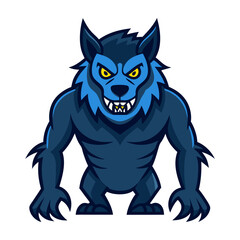 Cartoon Werewolf with Blue Fur and Sharp Teeth Vector, A vector illustration of a fierce cartoon werewolf with blue fur, yellow eyes, and sharp teeth, perfect for Halloween and fantasy themes.
