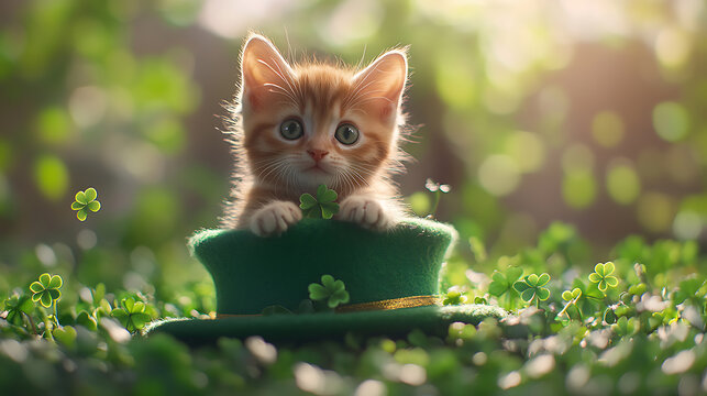 Adorable kitten celebrating st. Paddy's day in a green hat amidst shamrocks outdoor nature playful vibe