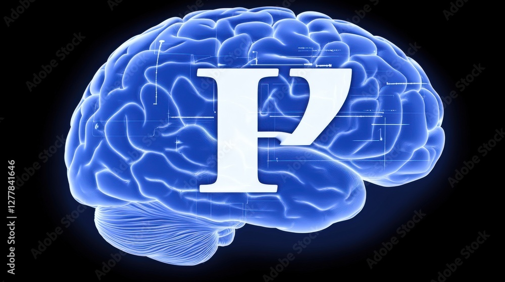 Poster digital interface overlaying human brain with futuristic visualization and technology elements for c