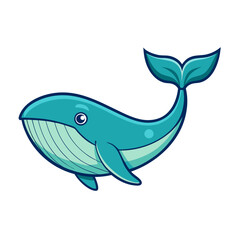 Cartoon Whale with Blue Body Vector Illustration, A cute vector illustration of a cartoon whale with a blue body, smiling face, and flowing tail, perfect for ocean or animal themes.
