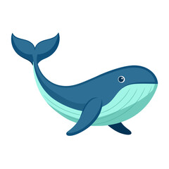 Cartoon Whale with Blue Body Vector Illustration, A cute vector illustration of a cartoon whale with a blue body, smiling face, and flowing tail, perfect for ocean or animal themes.
