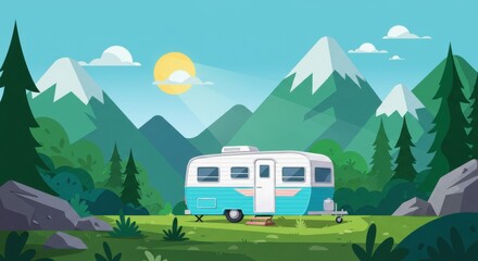 Retro camper in mountainous landscape with vibrant greenery and clear sky