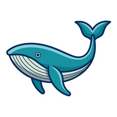 Cartoon Whale with Blue Body Vector Illustration, A cute vector illustration of a cartoon whale with a blue body, smiling face, and flowing tail, perfect for ocean or animal themes.
