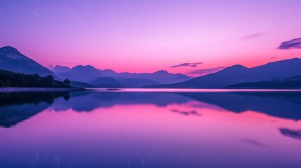 Fototapeta premium Ripples on a mirror calm lac de Codole in the Balagne region of Corsica at dawn with a pink and purple star filled sky