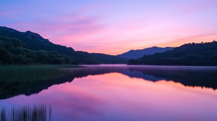 Fototapeta premium Ripples on a mirror calm lac de Codole in the Balagne region of Corsica at dawn with a pink and purple star filled sky